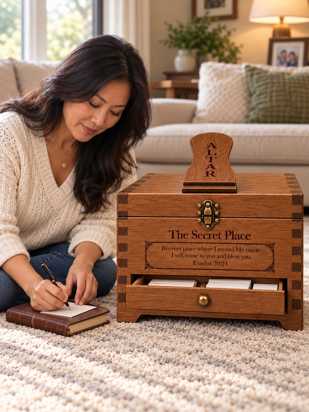 Woman writing a prayer at her altar